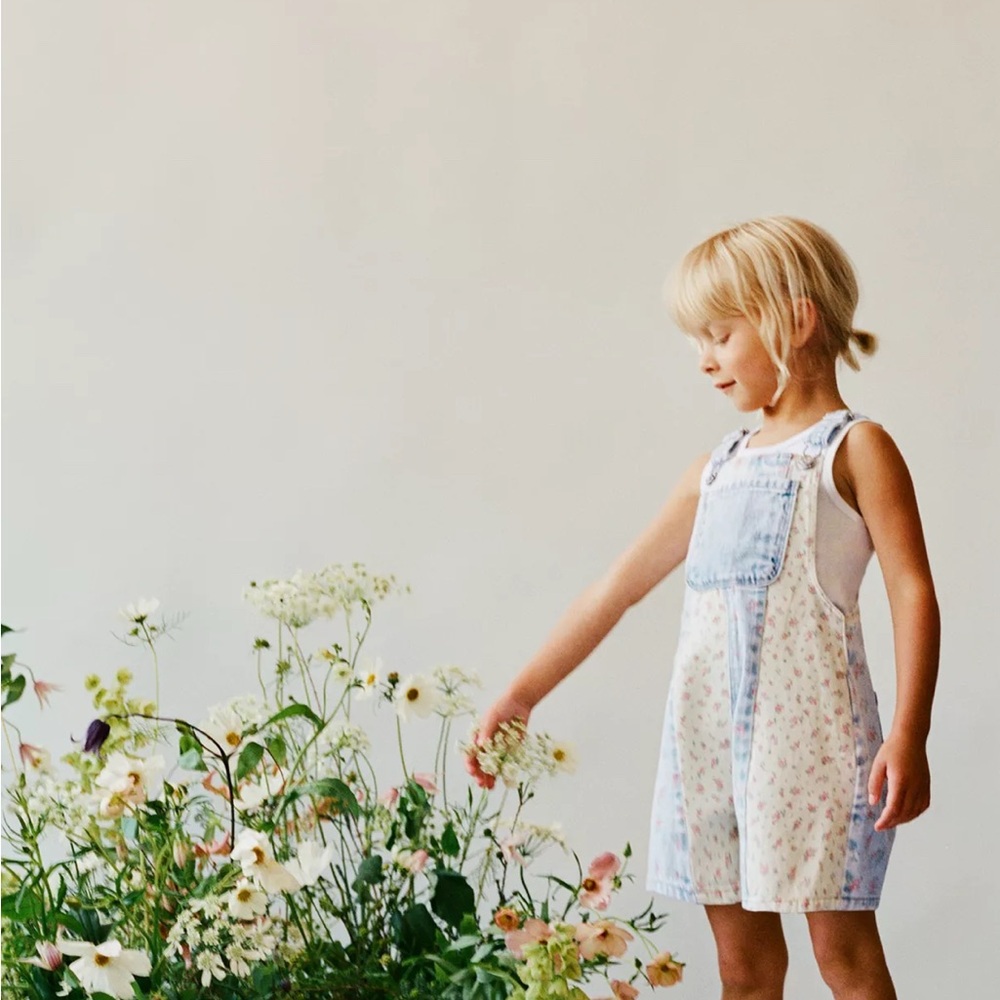Zara Kids Floral White and Blue Overalls